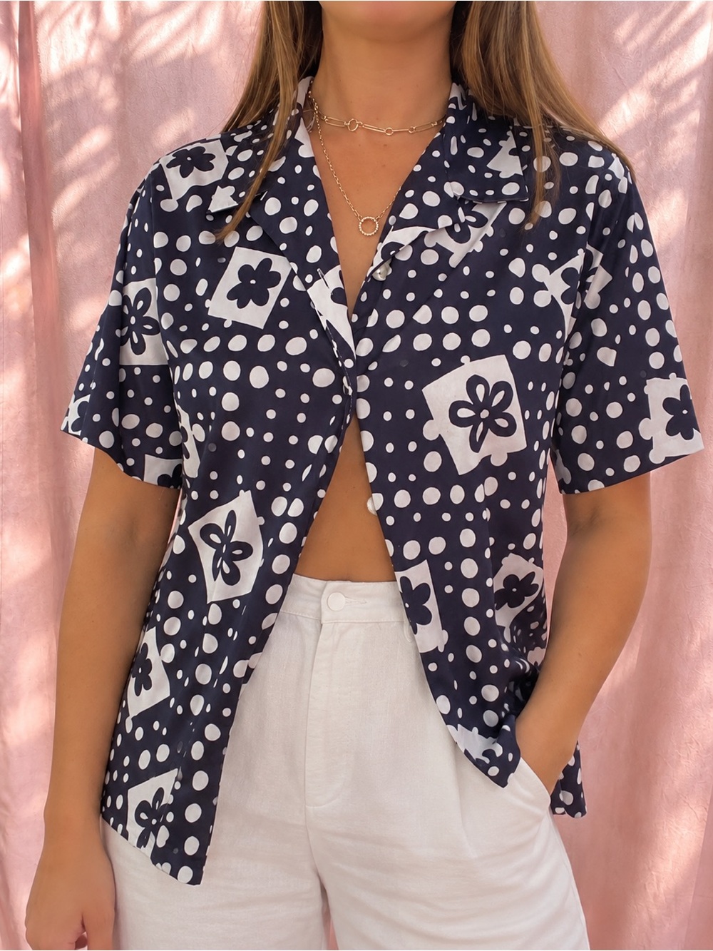Vintage 70s Navy White Floral Polka Dot Button Down Blouse L